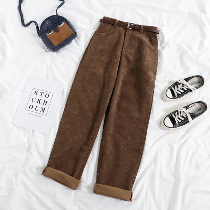 Full shot of new high-waisted corduroy trousers for women, showcasing their comfortable relaxed fit.