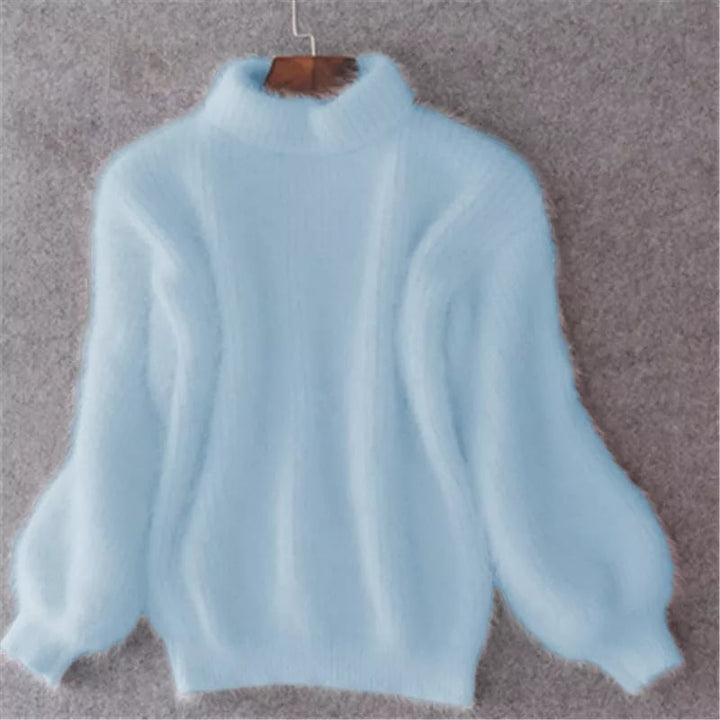 New burgundy mohair blend turtleneck sweater for women, cozy winter fashion with relaxed fit and long sleeves