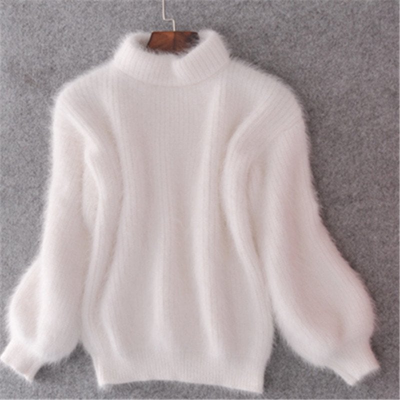 Front view of women's cozy mohair blend turtleneck sweater in solid, relaxed fit, perfect fall winter knitwear