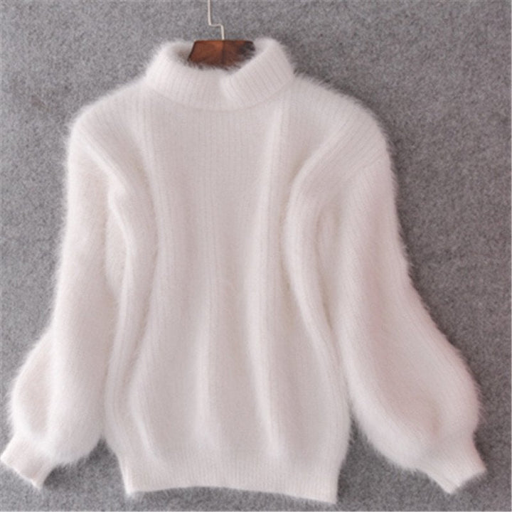 Front view of women's cozy mohair blend turtleneck sweater in solid, relaxed fit, perfect fall winter knitwear