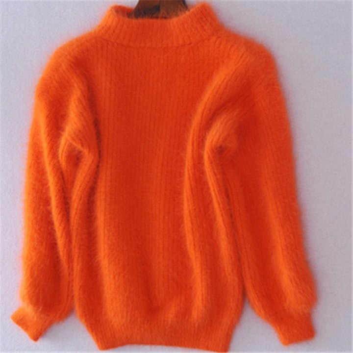 Side profile of a new women's mohair blend turtleneck sweater, long sleeve, showcasing its relaxed fit and warmth