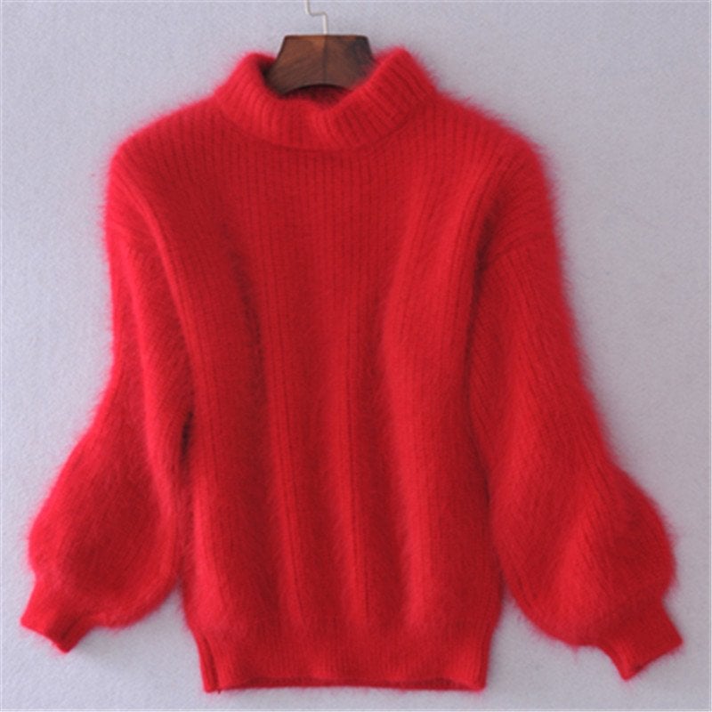 Three-quarter view of a solid color mohair blend turtleneck sweater, a cozy knitwear piece for women's apparel