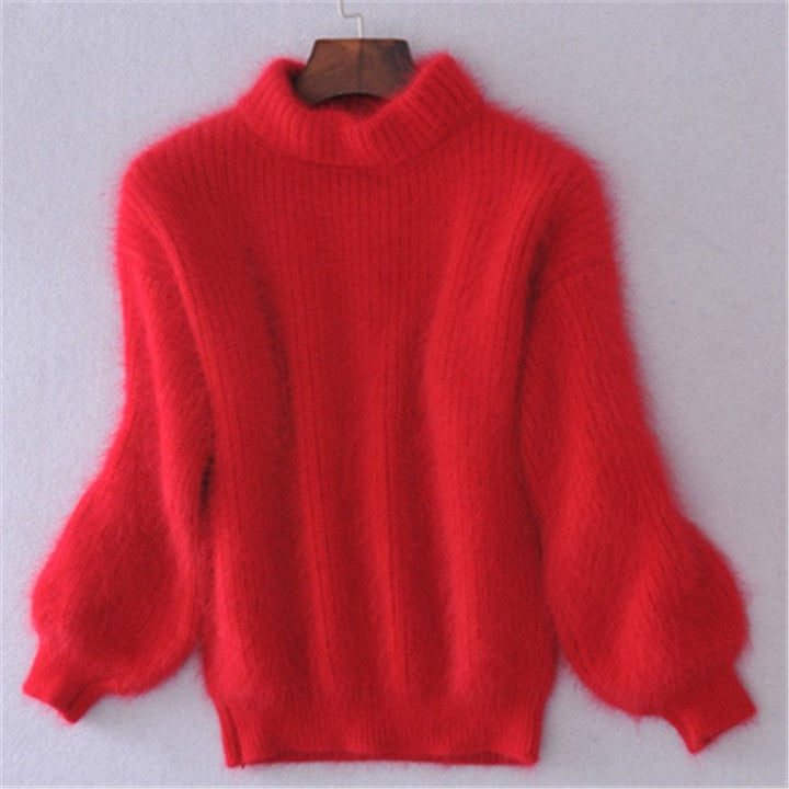 Three-quarter view of a solid color mohair blend turtleneck sweater, a cozy knitwear piece for women's apparel