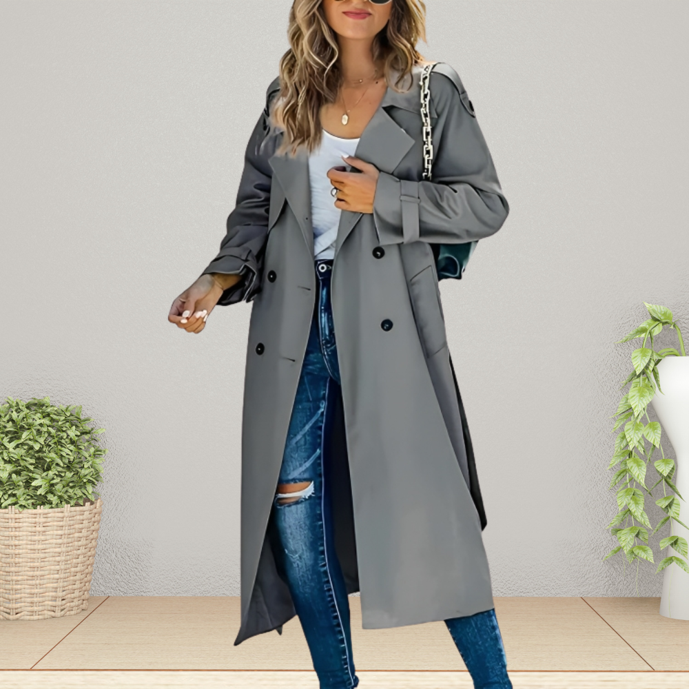 New classic double-breasted trench coat for women, perfect mid-season outerwear.