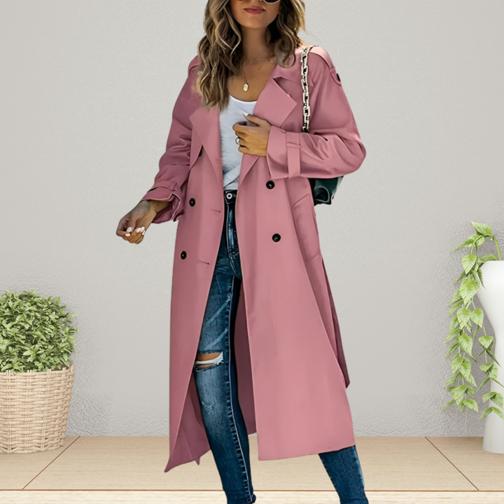 Women's fashion double-breasted polyester trench coat jacket, classic outerwear style.