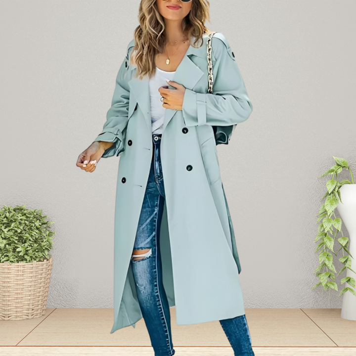 Mid-season women's double-breasted trench coat, a new classic polyester jacket.