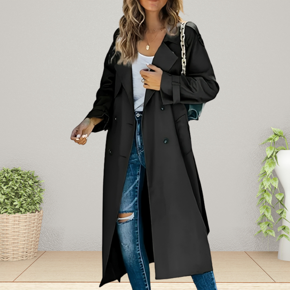 Polyester double-breasted trench coat, a new classic women's jacket for outerwear.