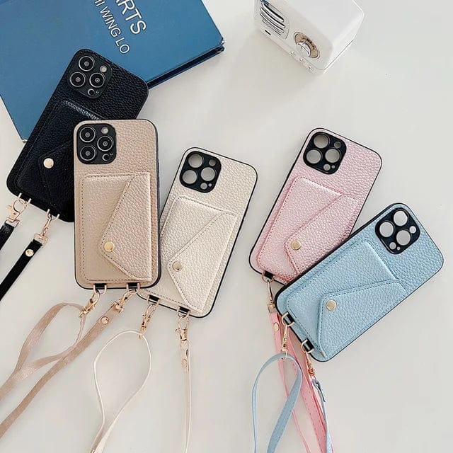 New leather crossbody phone case for women with integrated card holder & hands-free key cord