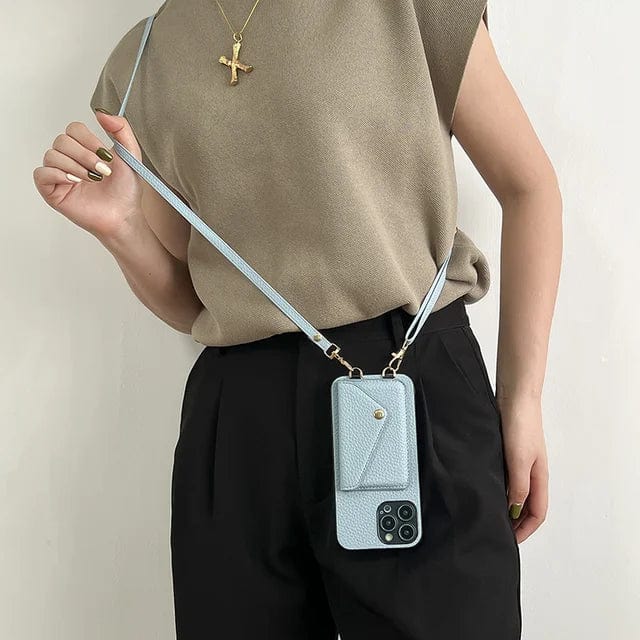 Stylish women's leather crossbody phone case with card slots and detachable key cord