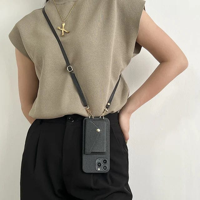 Designer quality women's crossbody phone case in leather with card holder. Hands-free accessory
