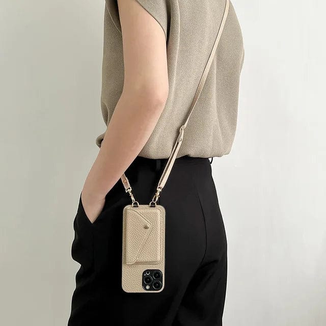 Elegant women's leather crossbody case for smartphone, includes card holder and key cord