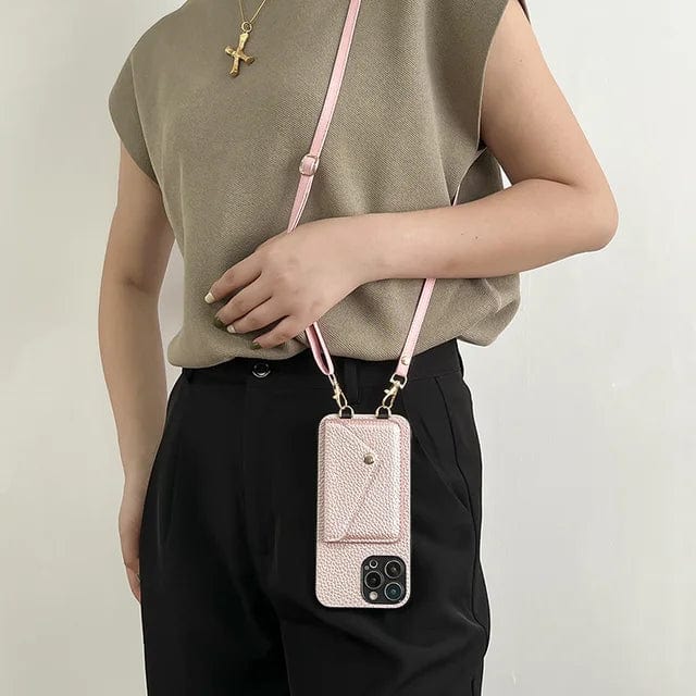 Hands-free women's accessory: leather crossbody phone case with card holder & secure key cord