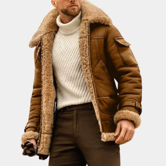 New men's aviator winter jacket, brown, rugged, insulated for cold weather, pilot style fashion.