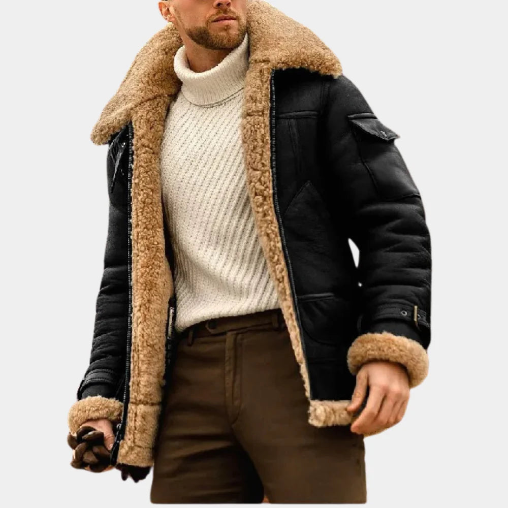 Stylish men's aviator winter jacket, dark navy, pilot style, warm and rugged for cold weather.