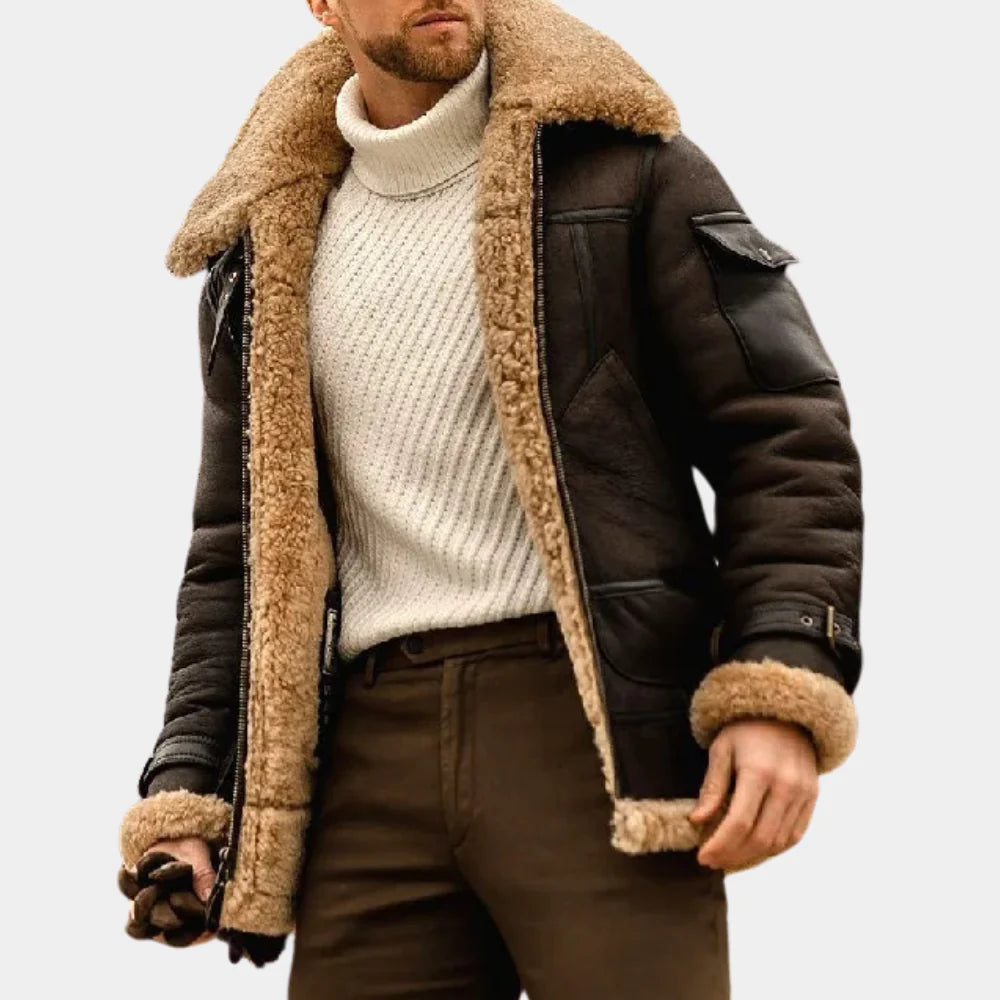 Close-up of insulated men's aviator winter jacket, showing warm faux fur collar and rugged material.
