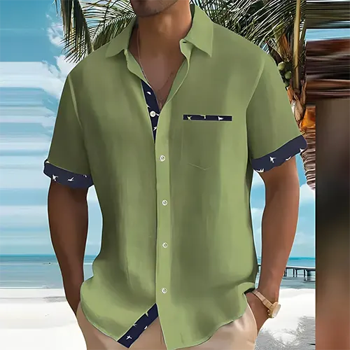 New men's classic fit short sleeve summer shirt in breathable cotton blend, ideal for casual wear.