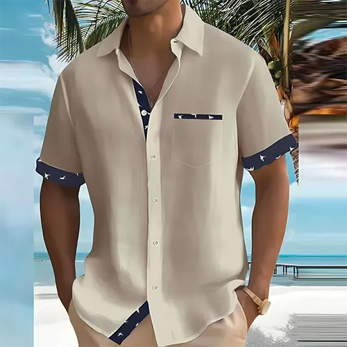 Versatile men's performance shirt with short sleeves, breathable cotton blend, suitable for summer.
