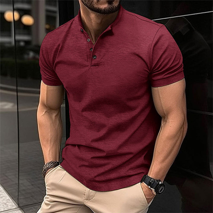 Close-up of the fabric on a new men's cotton blend tailored polo shirt, summer apparel.