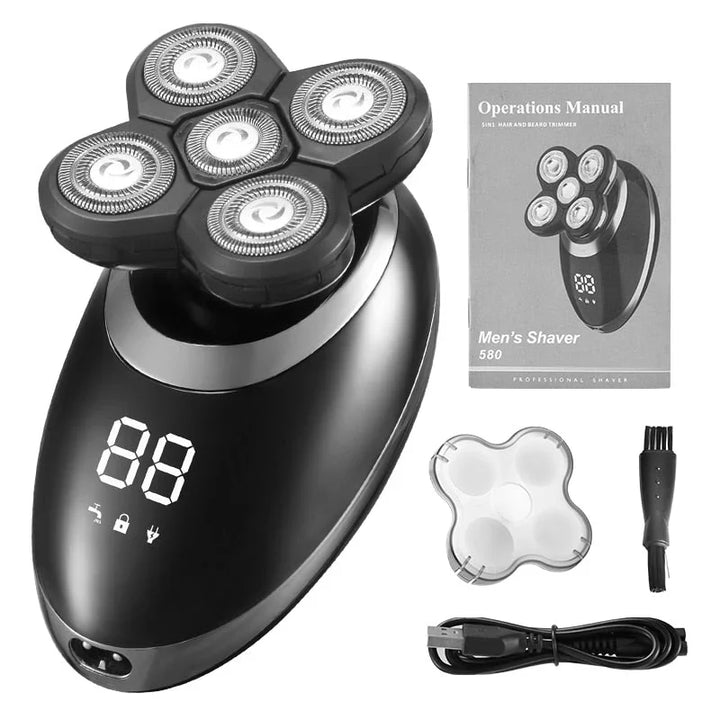 Rechargeable men's grooming kit: waterproof cordless shaver with multiple attachments.