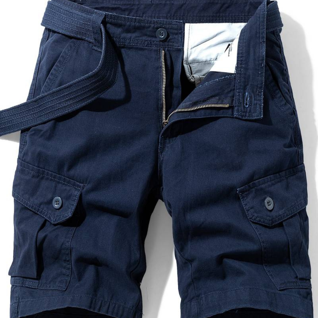 Men's new cotton blend cargo shorts in khaki with multiple pockets for durability