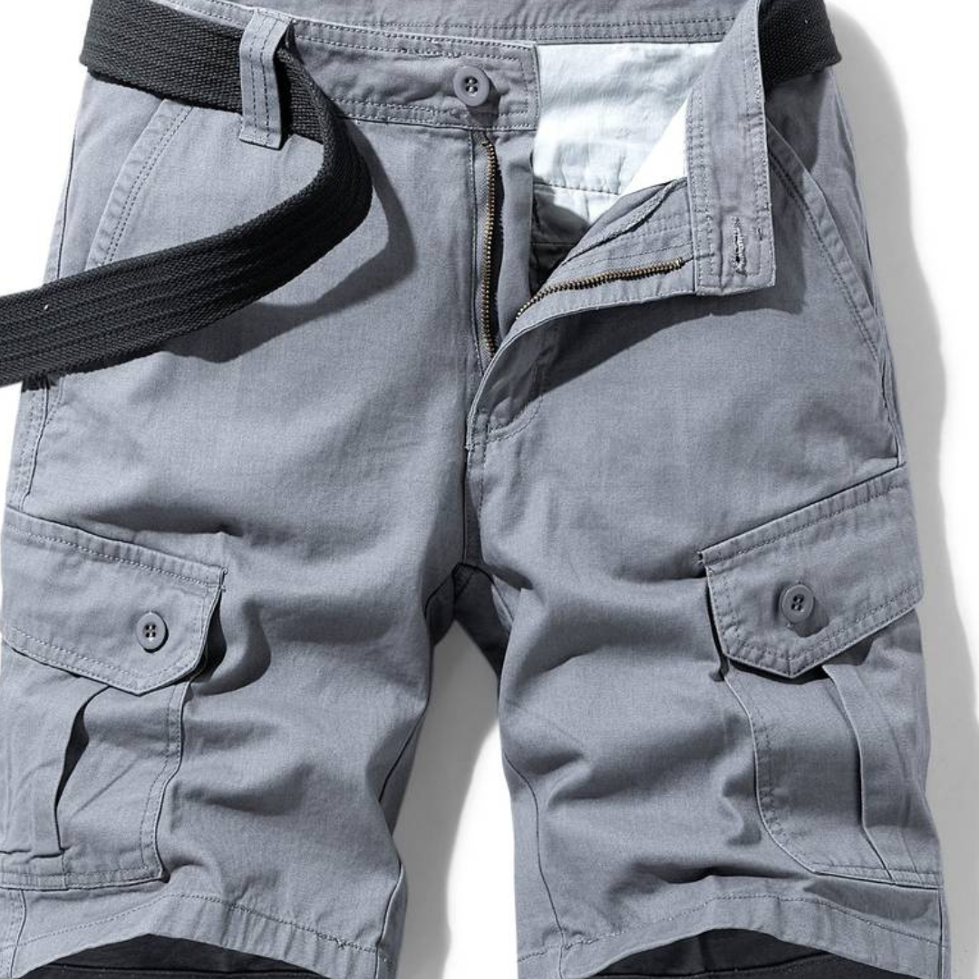 Durable men's khaki cargo shorts, multi-pocket design, perfect for outdoor casual wear