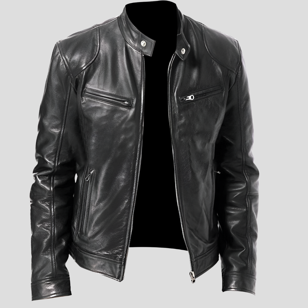 New men's faux leather biker jacket, black, for spring & autumn casual wear, front view