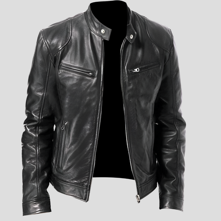 New men's faux leather biker jacket, black, for spring & autumn casual wear, front view
