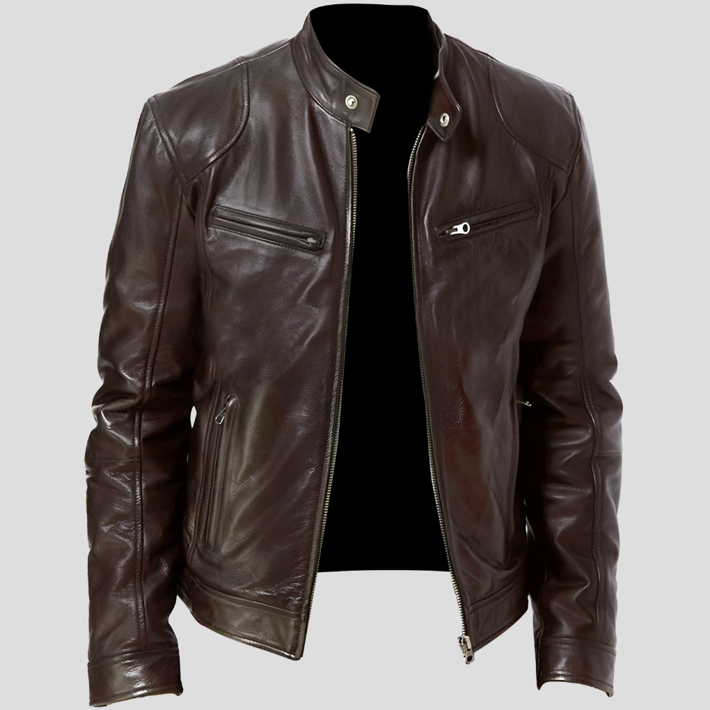Men's classic faux leather jacket in black, detailing the fashion outerwear texture and style