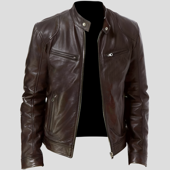 Men's classic faux leather jacket in black, detailing the fashion outerwear texture and style