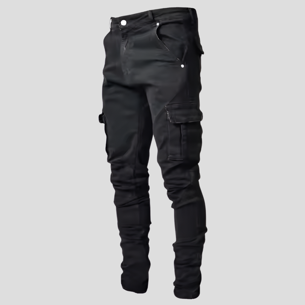 Close-up of men's new slim fit stretch jeans, showcasing versatile mid-rise design and soft denim texture.