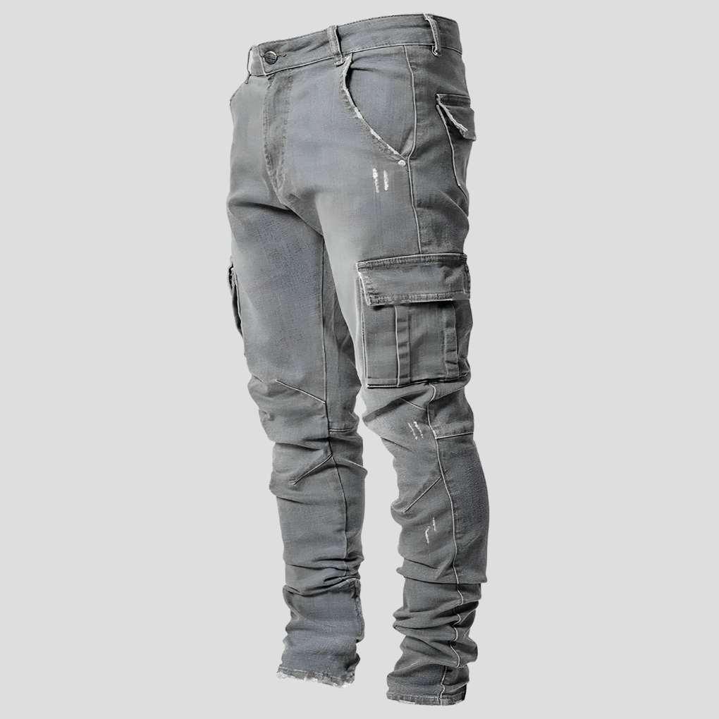 Fashionable man wearing new men's stretch slim fit jeans, ideal for modern casual fashion and comfort.