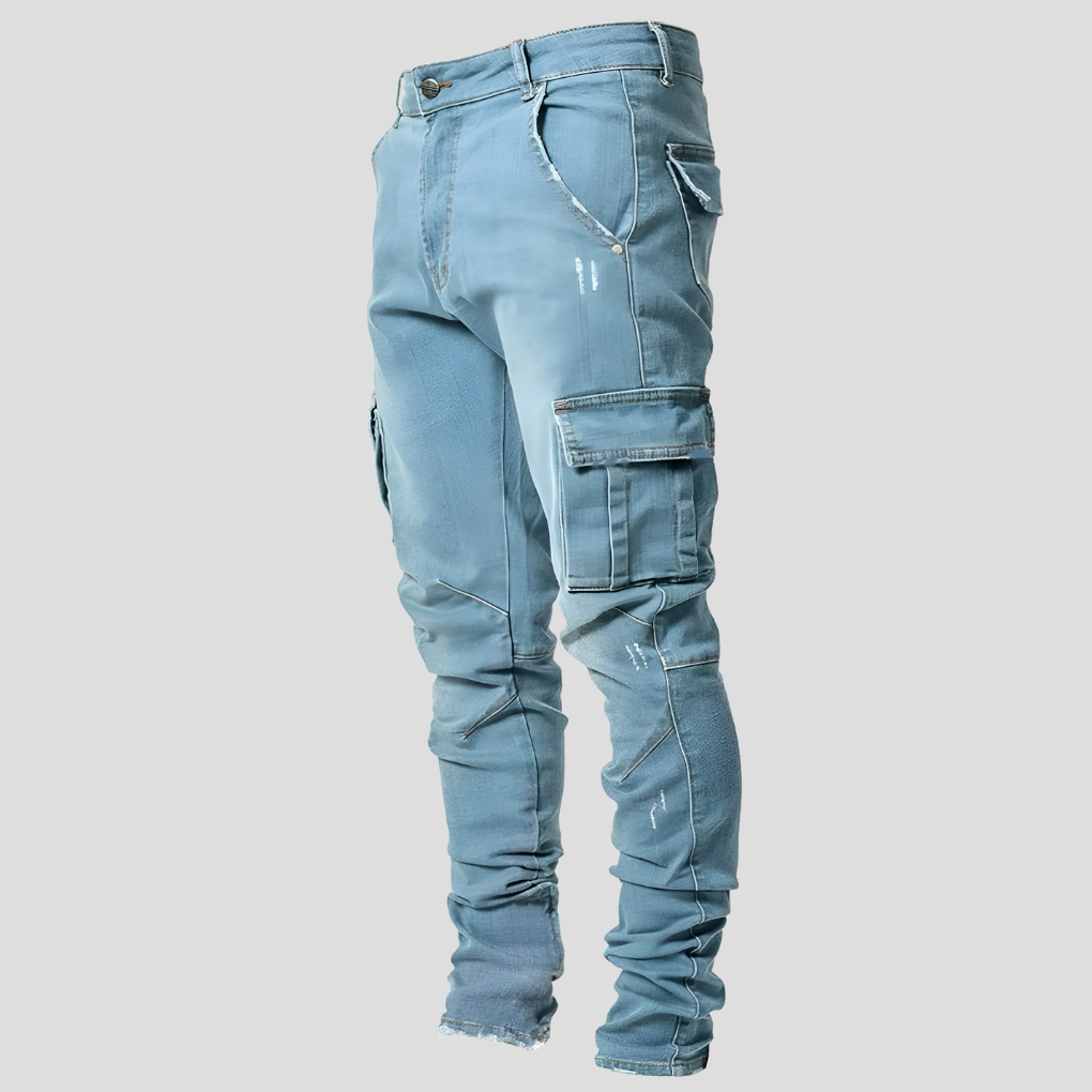 Stack of new men's premium stretch slim fit jeans, highlighting the quality cotton blend and stylish cut.