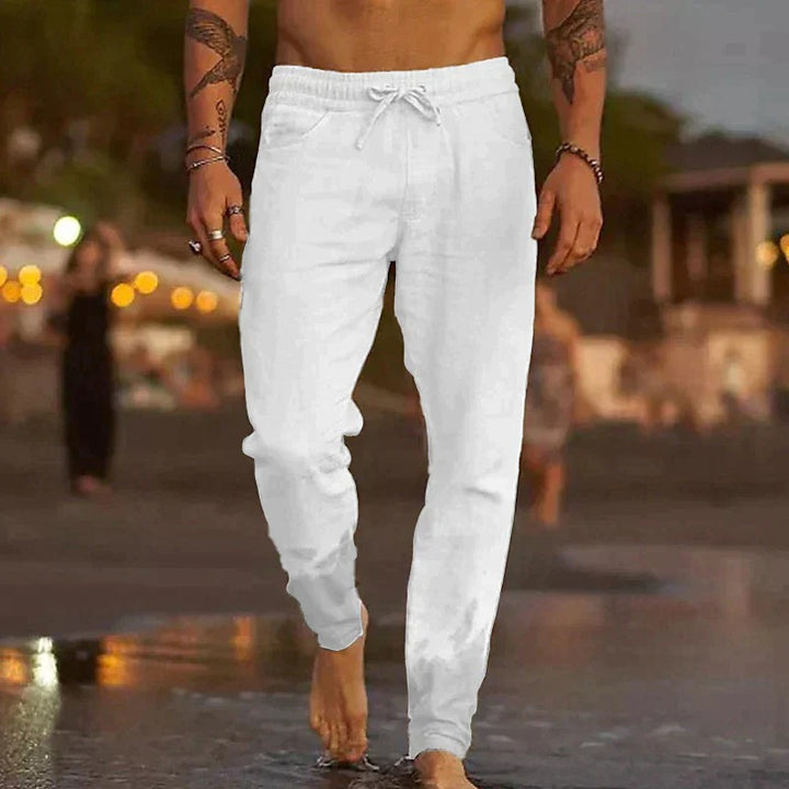 Close-up of new men's linen pants fabric highlighting the breathable texture, relaxed fit