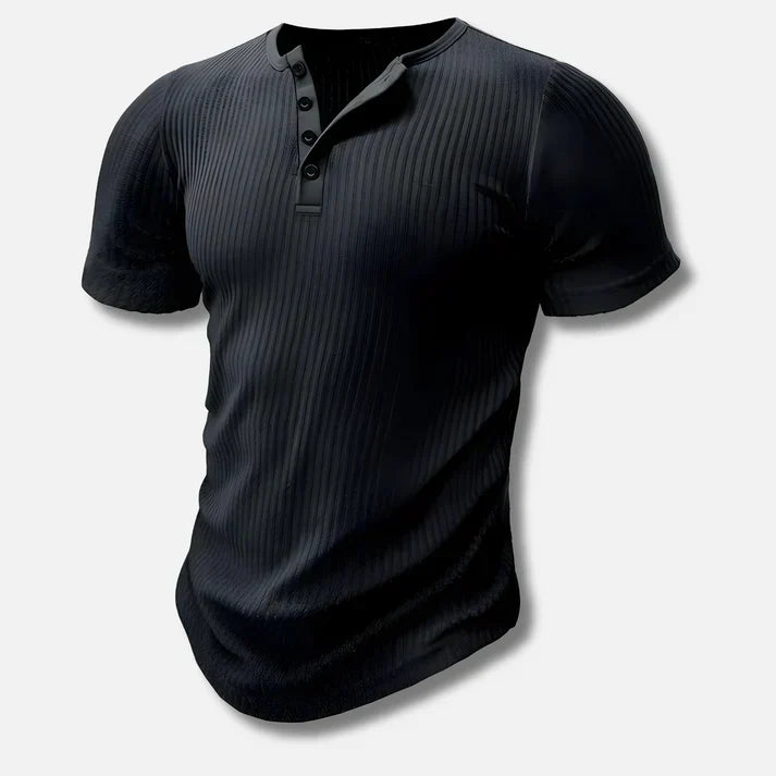 New men's slim-fit Henley t-shirt, short sleeve, button placket, perfect casual cotton blend top.