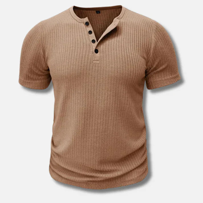 Stylish slim-fit men's Henley t-shirt in cotton blend with button closure, modern mens fashion.