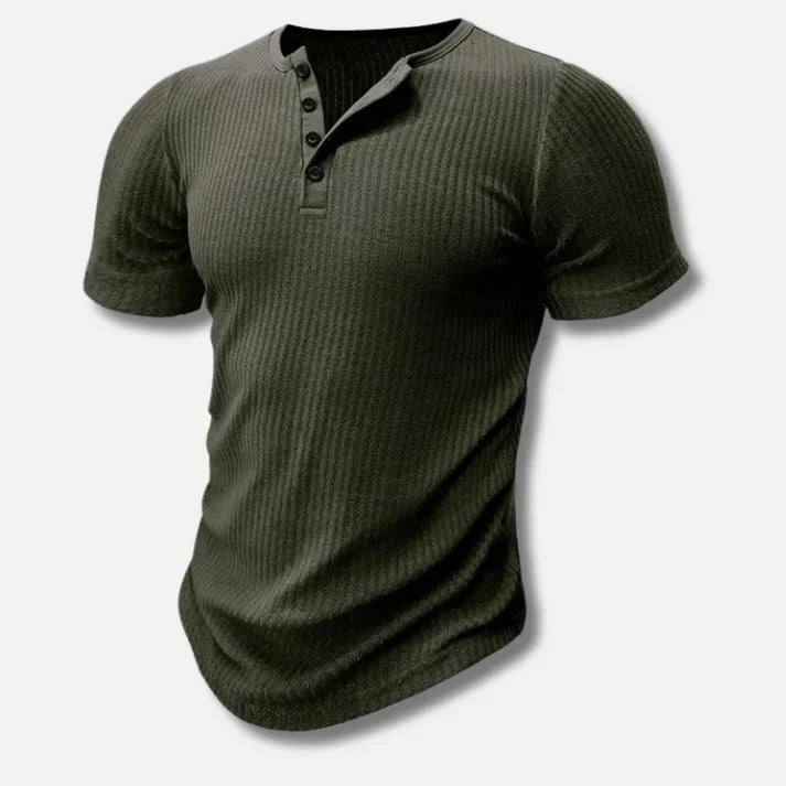 Casual men's short sleeve Henley t-shirt featuring a buttoned placket, comfortable slim fit design.