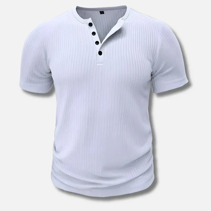 Versatile men's Henley t-shirt, slim-fit style, short sleeves and button detail for a casual look.