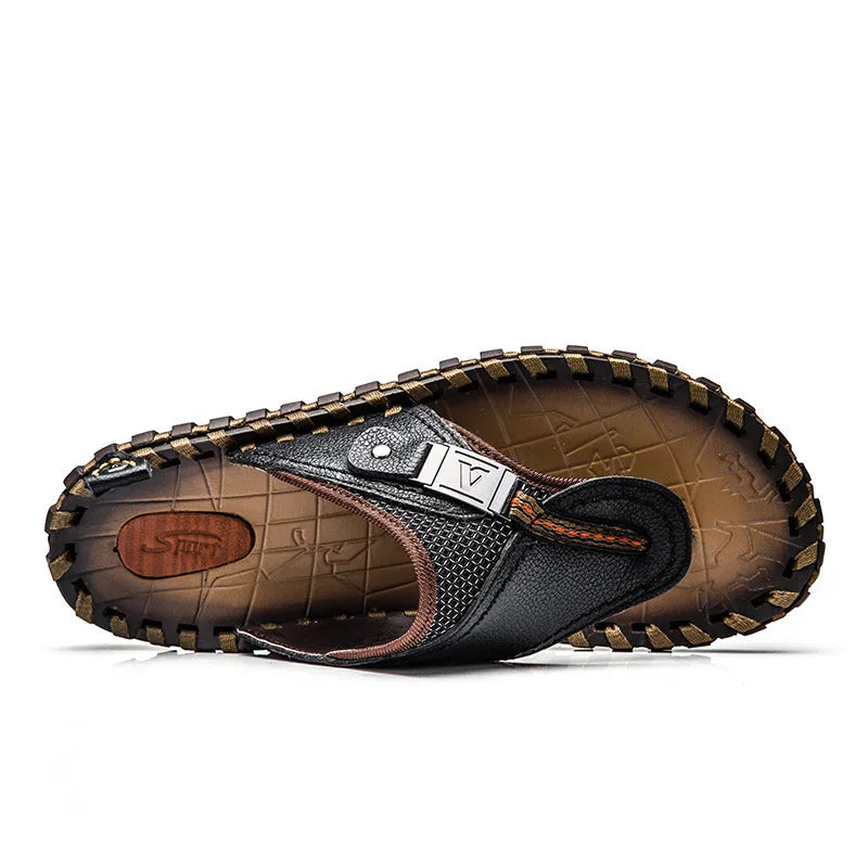 Front view of men's genuine leather flip-flops, ideal for beach and casual footwear.