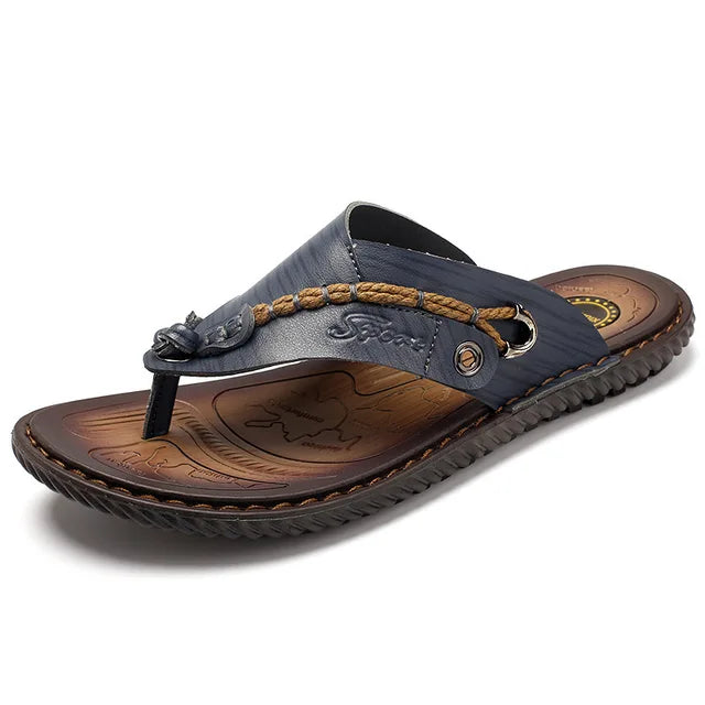Closeup of men's fashionable leather sandals, showcasing quality and comfort.