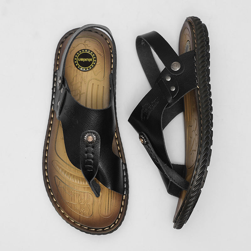 Side profile of men's casual genuine leather flip-flops, great for beach or urban style.