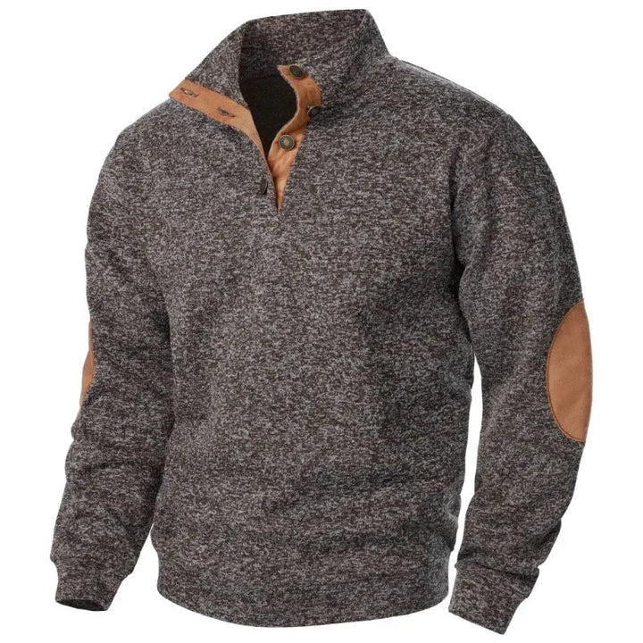 Close-up of V-neckline on a new men's cotton blend casual sweatshirt, comfortable fit.
