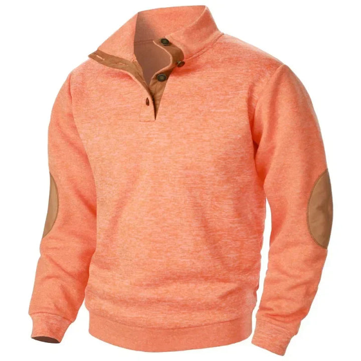 Detail of the soft cotton blend fabric on a men's V-neck casual sweatshirt.