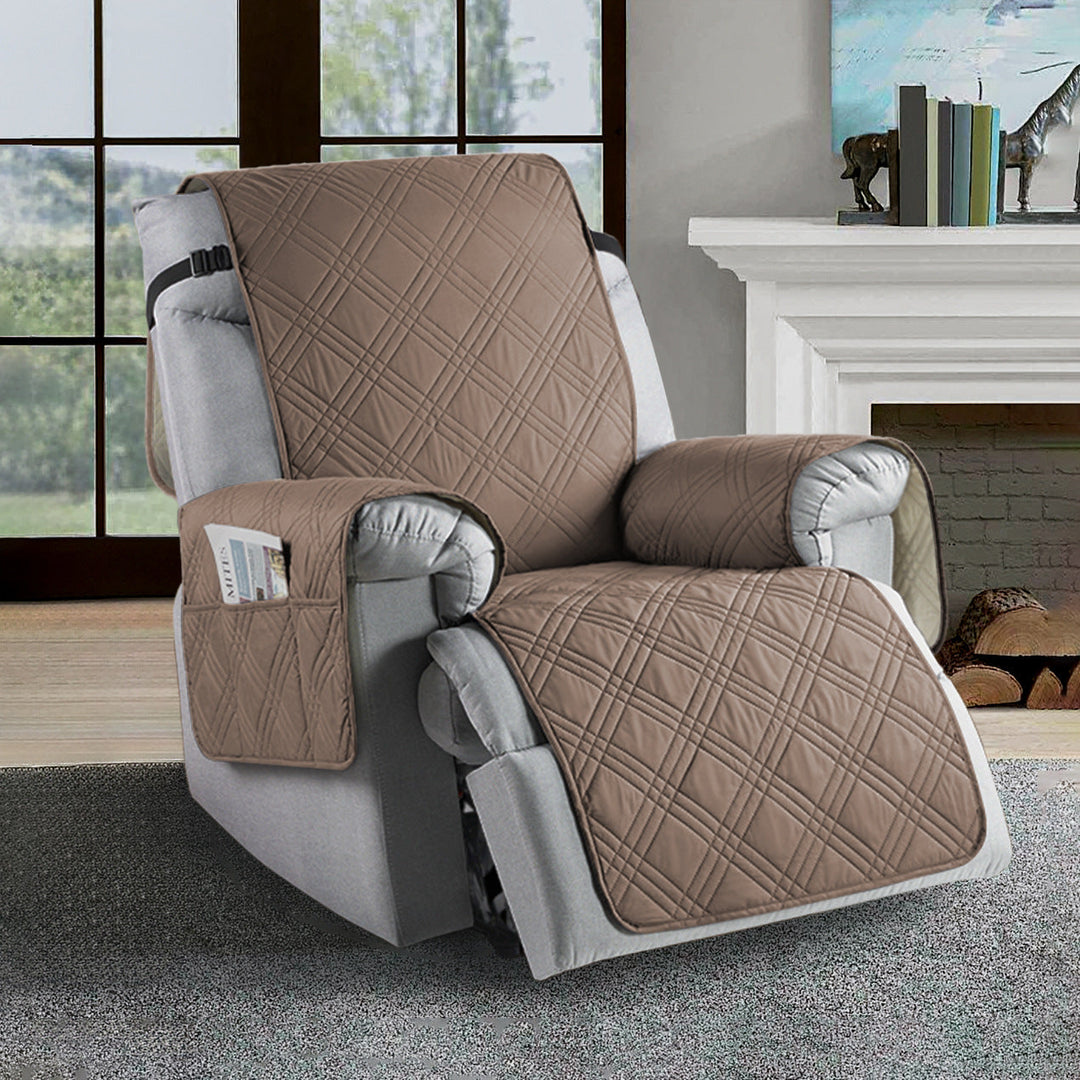 Beige universal recliner slipcover, new condition, water-resistant microfiber to protect furniture from spills.