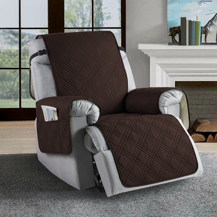 Close-up of the textured, pet-friendly microfiber fabric of a new universal water-resistant recliner slipcover.