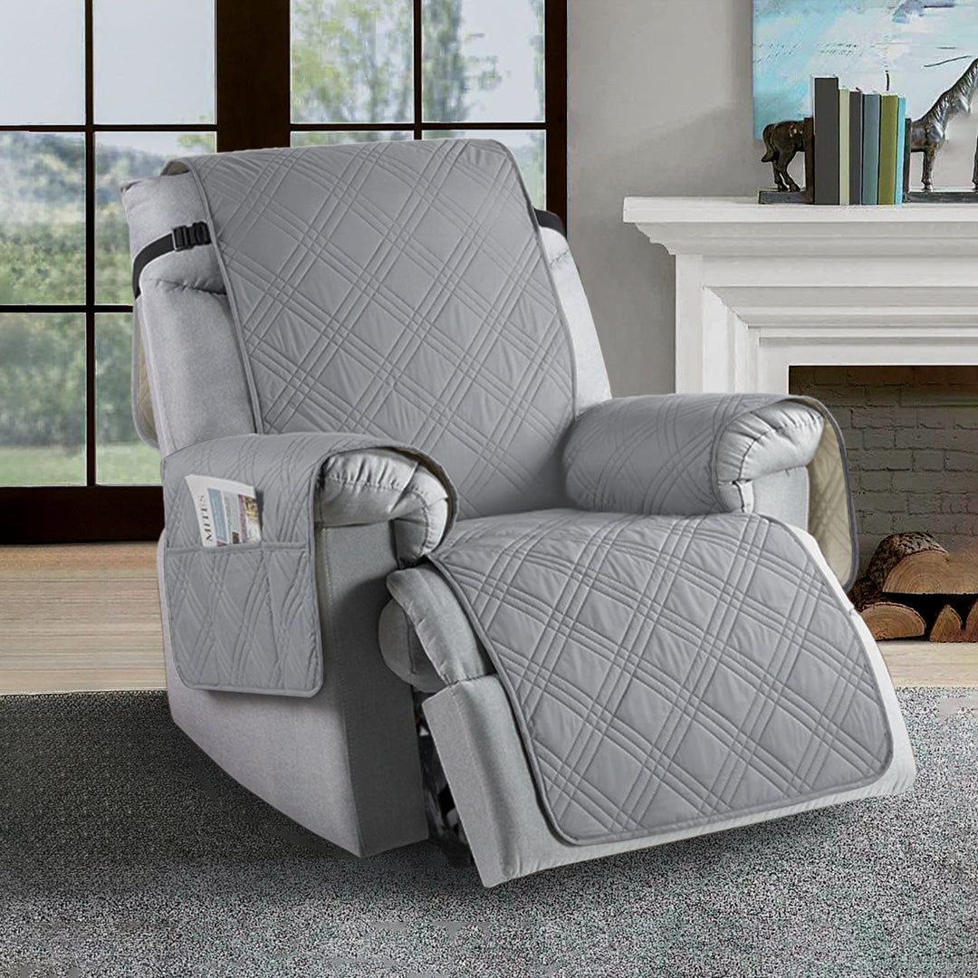 Packaging of a new universal water-resistant recliner slipcover, highlighting its pet-friendly and durable features.