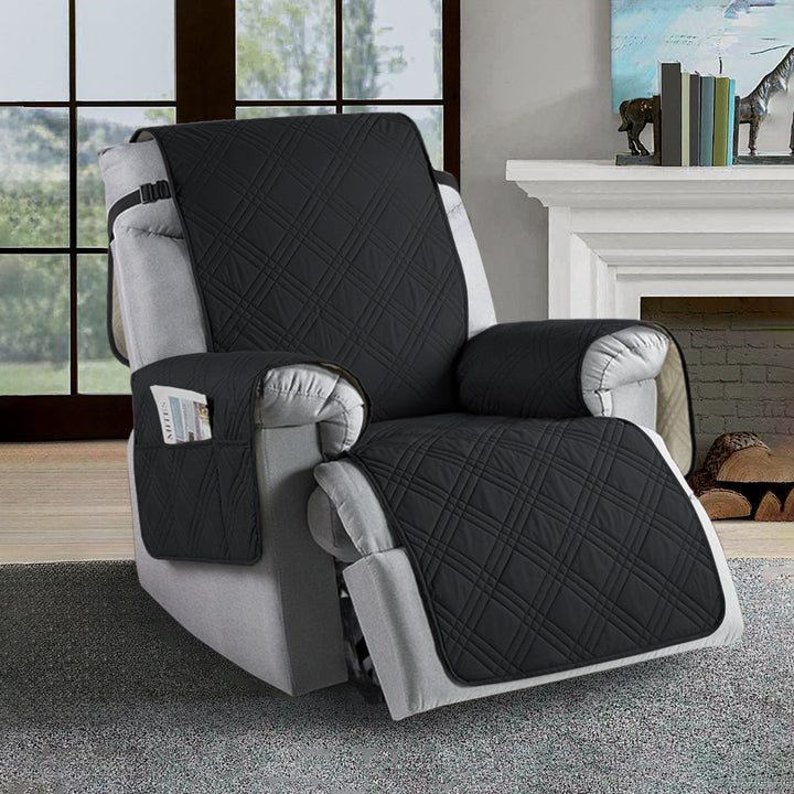 Universal recliner slipcover on a recliner, showing its snug fit and water-resistant microfiber, new furniture protector.