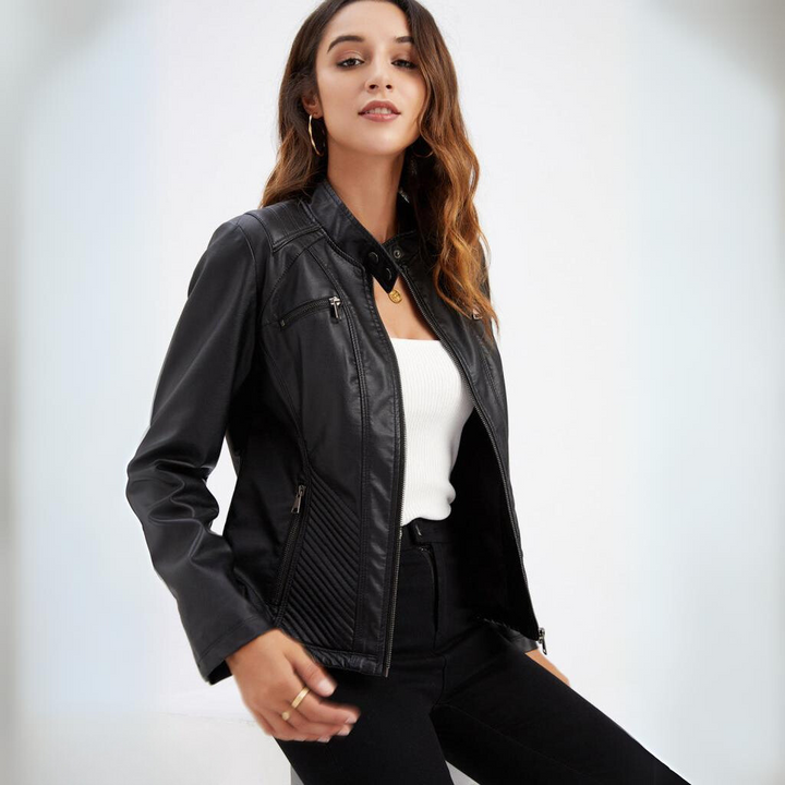 Women's brown faux leather moto jacket, slim fit, front view, trendy outerwear
