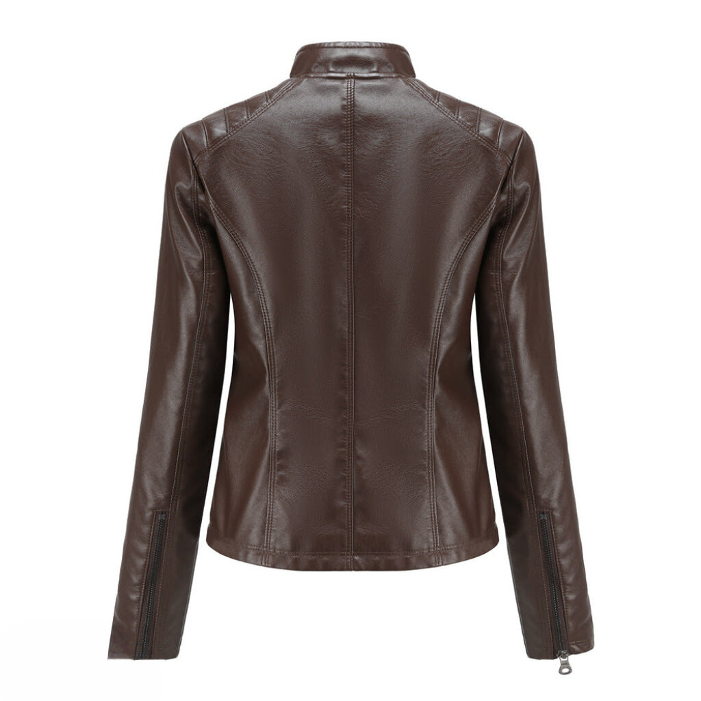 Women's brown faux leather moto jacket, zipped up, showing stylish collar detail