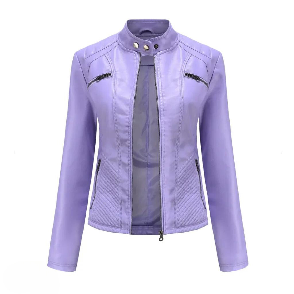 New women's winter jacket, brown faux leather moto style, with side pockets