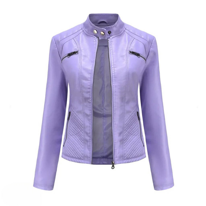 New women's winter jacket, brown faux leather moto style, with side pockets